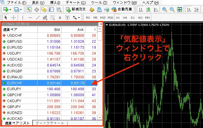 MT4/MT5の「気配値表示」ウィンドウ上で右クリック