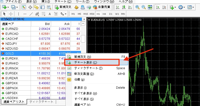 銘柄を右クリックし「チャート表示」を選択